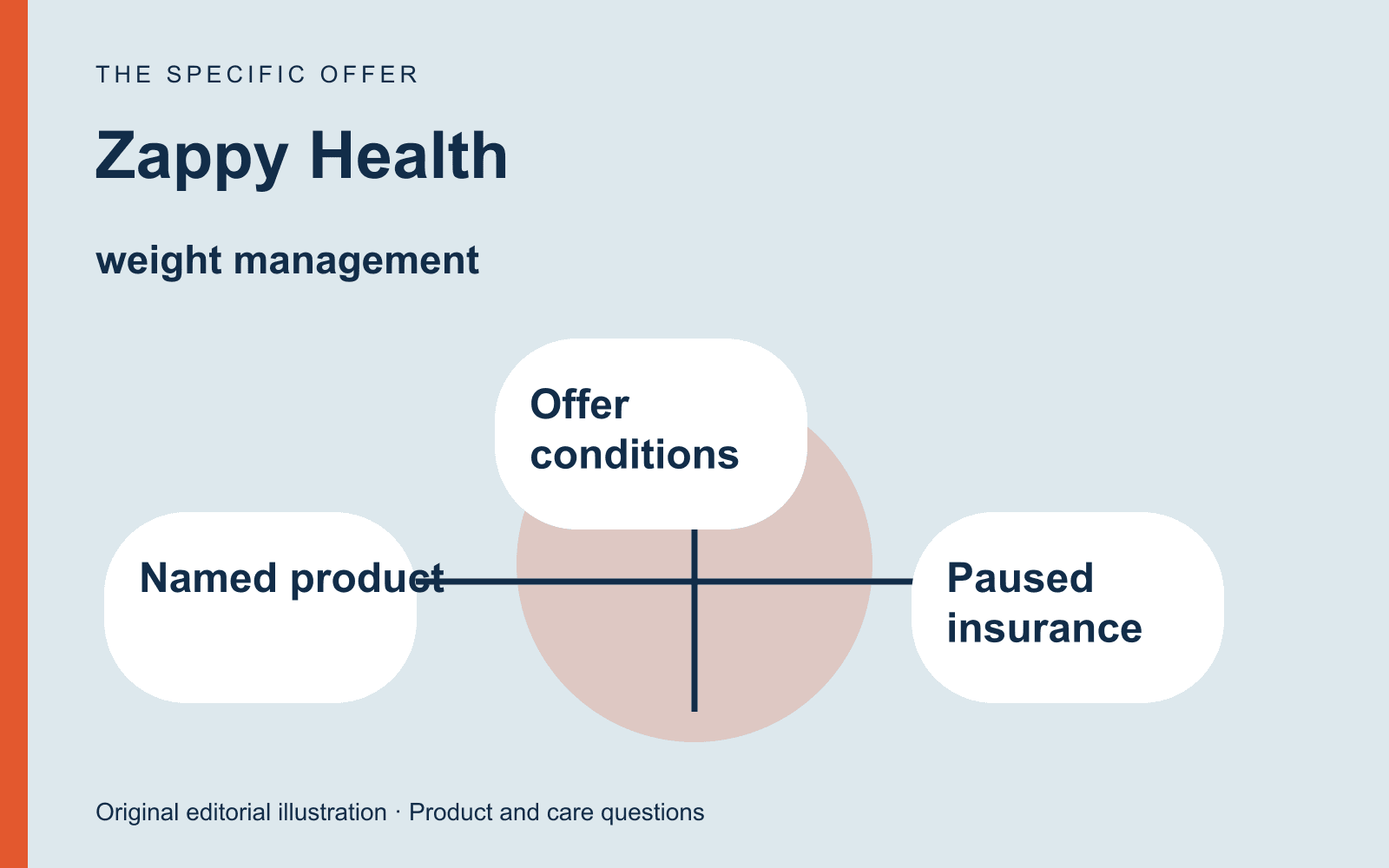 Original editorial diagram for Zappy Health, showing different cash-pay offers and an insurance pathway marked paused through three labeled comparison checkpoints.
